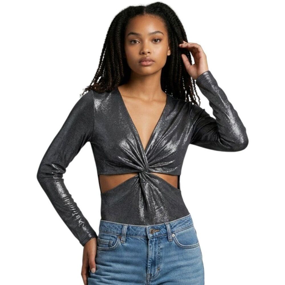 Arden B Metallic Bodysuit M Black Twist Front Cutout Long Sleeve New Flawed